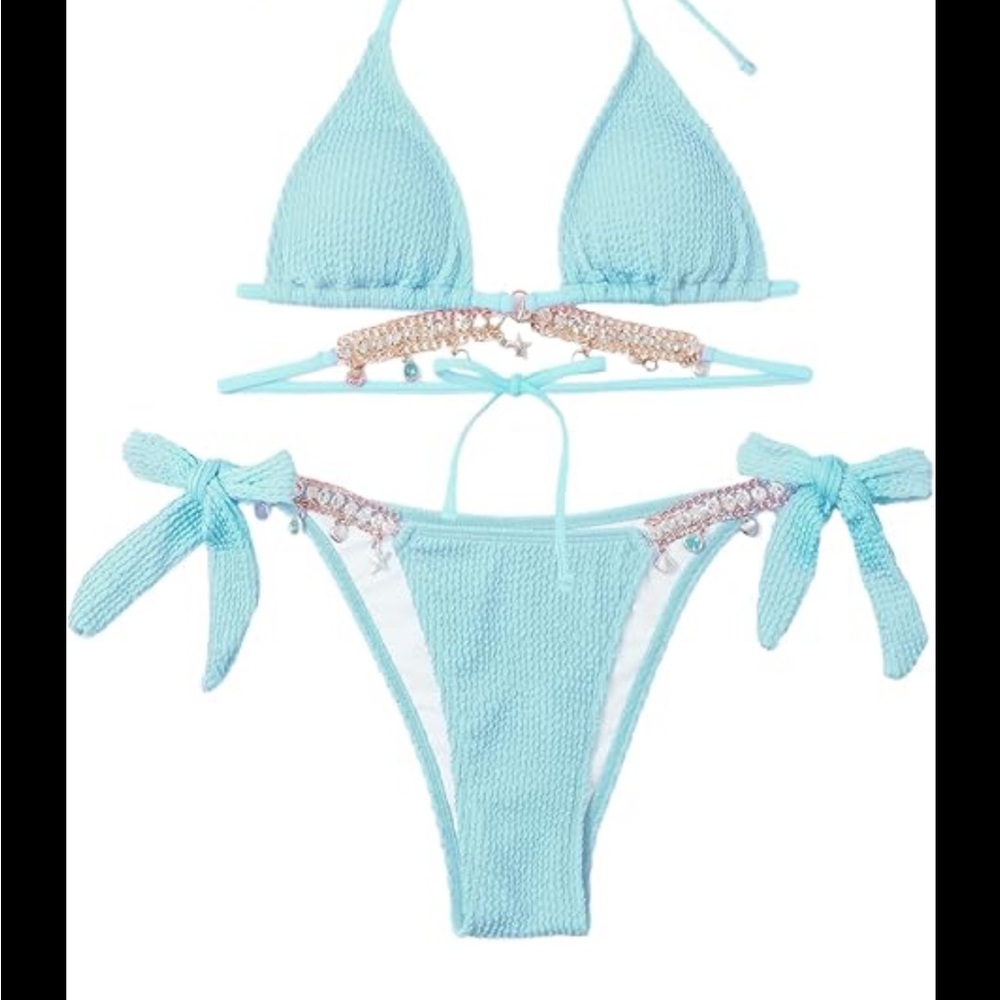Light Blue Bikini Set with Beaded Details